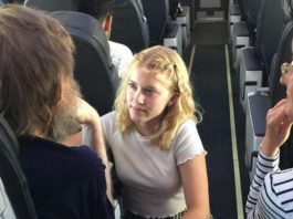 A Teenager Girl Helps a Blind and Deaf Person on a Flight