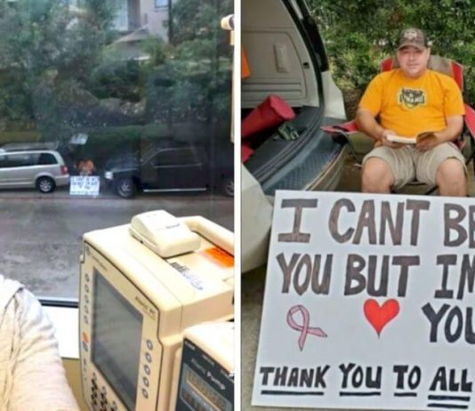 Husband Supports Wife’s Chemotherapy from Outside the Hospital Husband Supports Wife’s Chemotherapy from Outside the Hospital